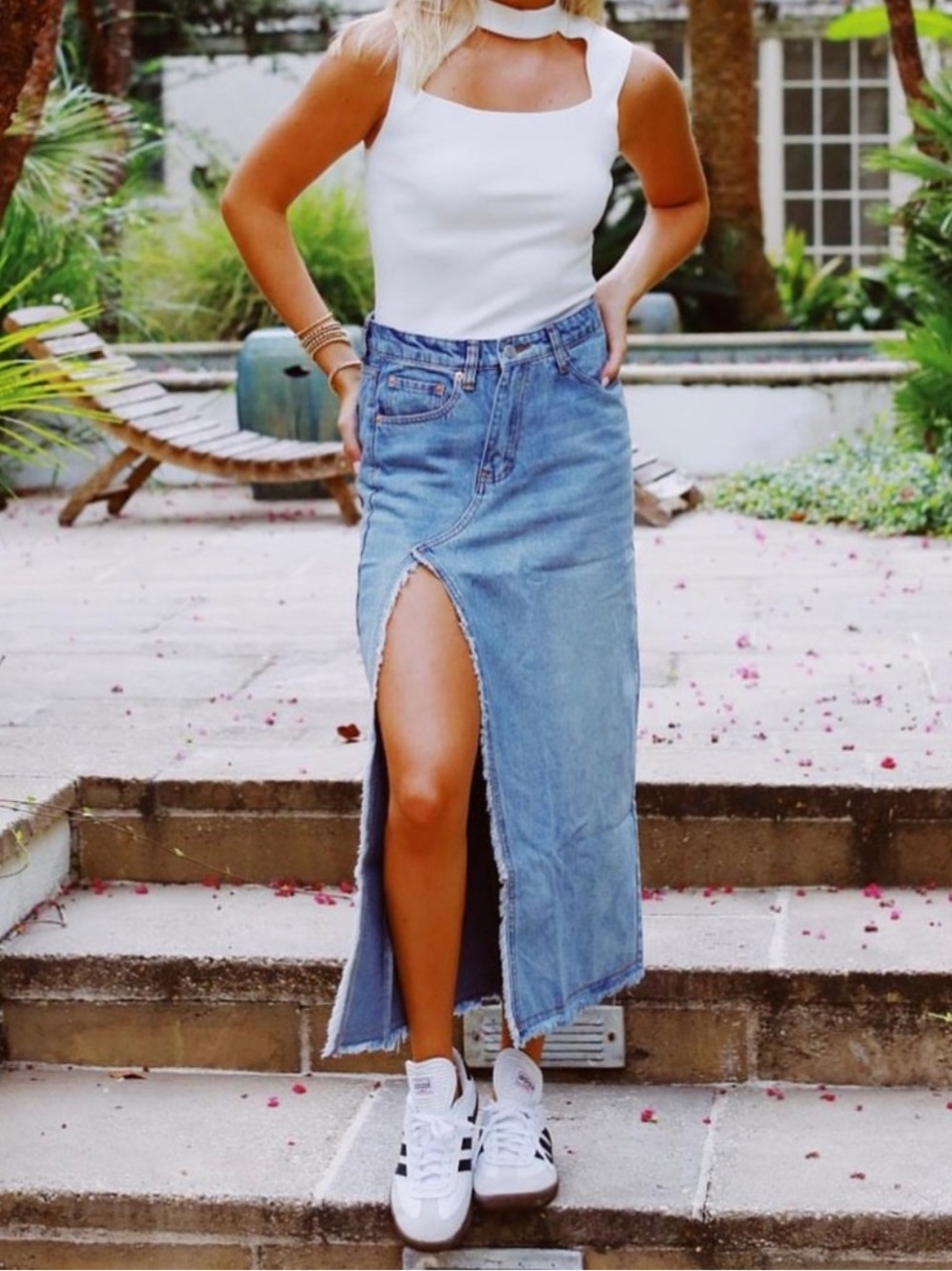 Denim Maxi Skirt with Front Slit - Light Blue